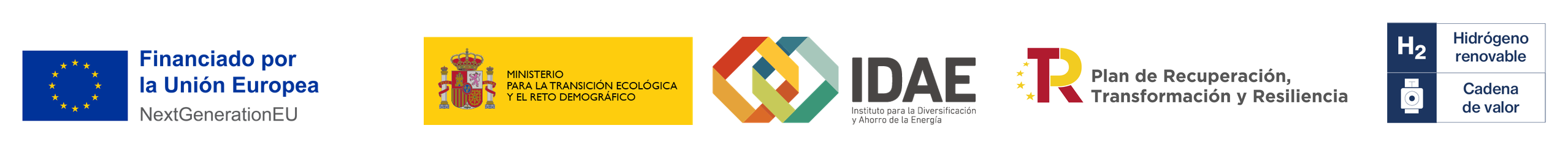 Financiado por la Unión Europea – NextGenerationEU. Ministerio para la Transición Ecológica y el Reto Demográfico. IDAE, Instituto para la Diversificación y Ahorro de la Energía. Plan de Recuperación, Transformación y Resiliencia. Hidrógeno renovable, cadena de valor.